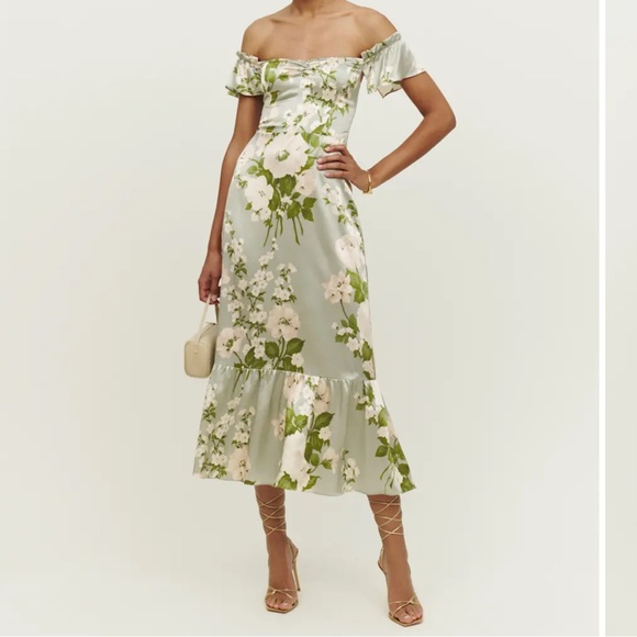 Reformation Dresses & Skirts - Reformation Sage Green Floral Off-Shoulder Maxi Dress